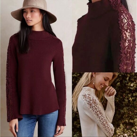Anthropologie Knitted & Knotted Crochet Trim Mock Neck Sweater - Picture 12 of 12
